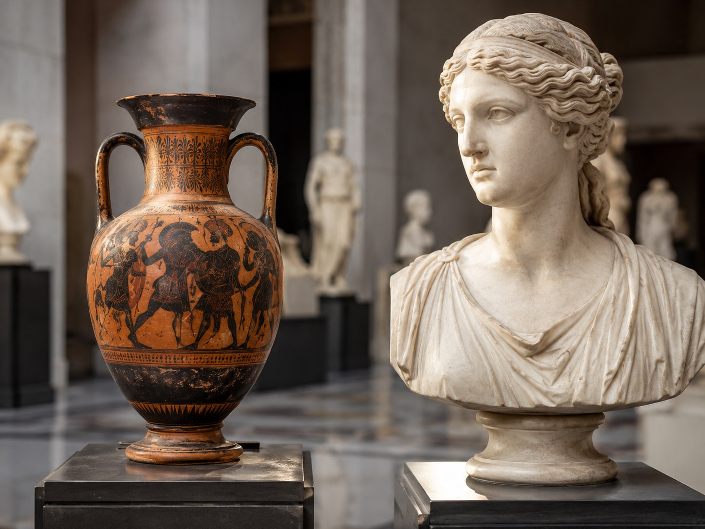 Greek amphora and a marble portrait bust in a museum gallery