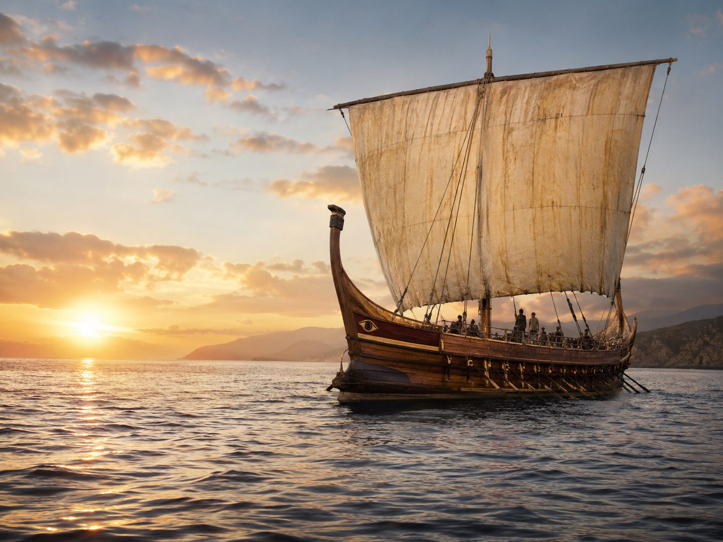 A reconstructed ancient Greek sailing ship at sunset